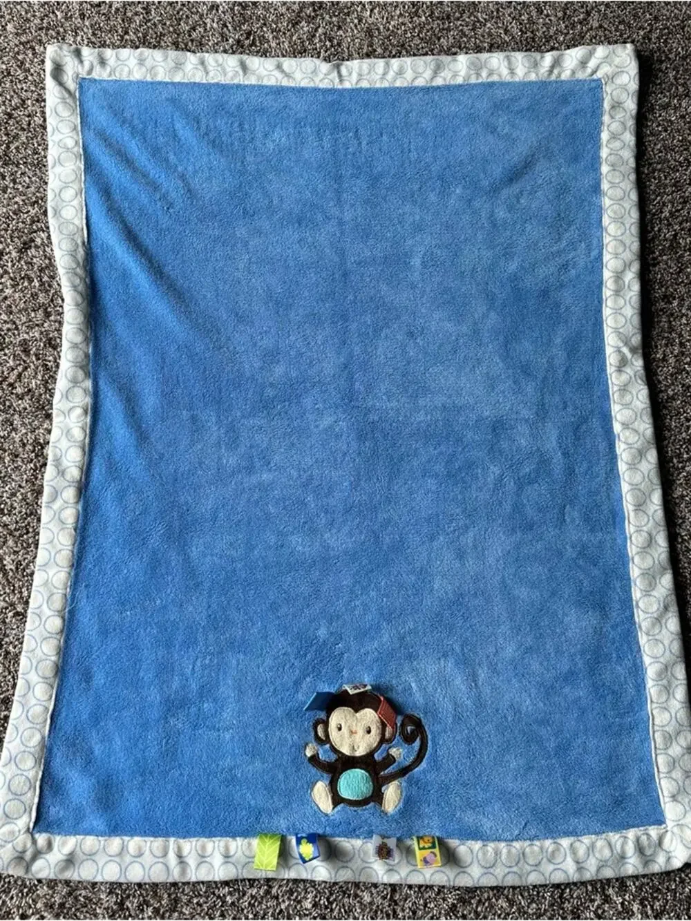 Taggies Blue Monkey Baby Blanket with Light Blue Dot Border